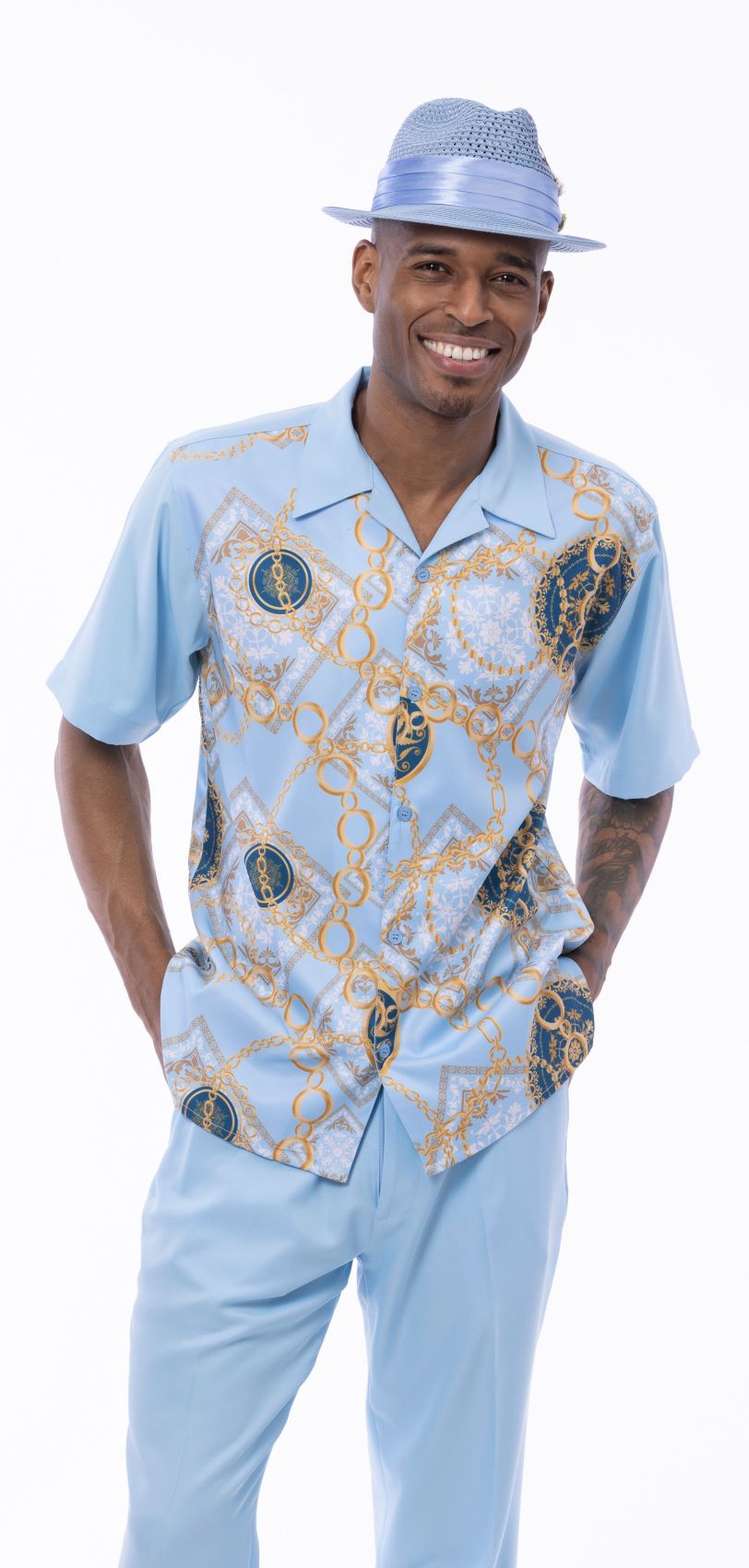 Men's 2 Piece Gold Chain Print Pattern Light Blue Walking Suit