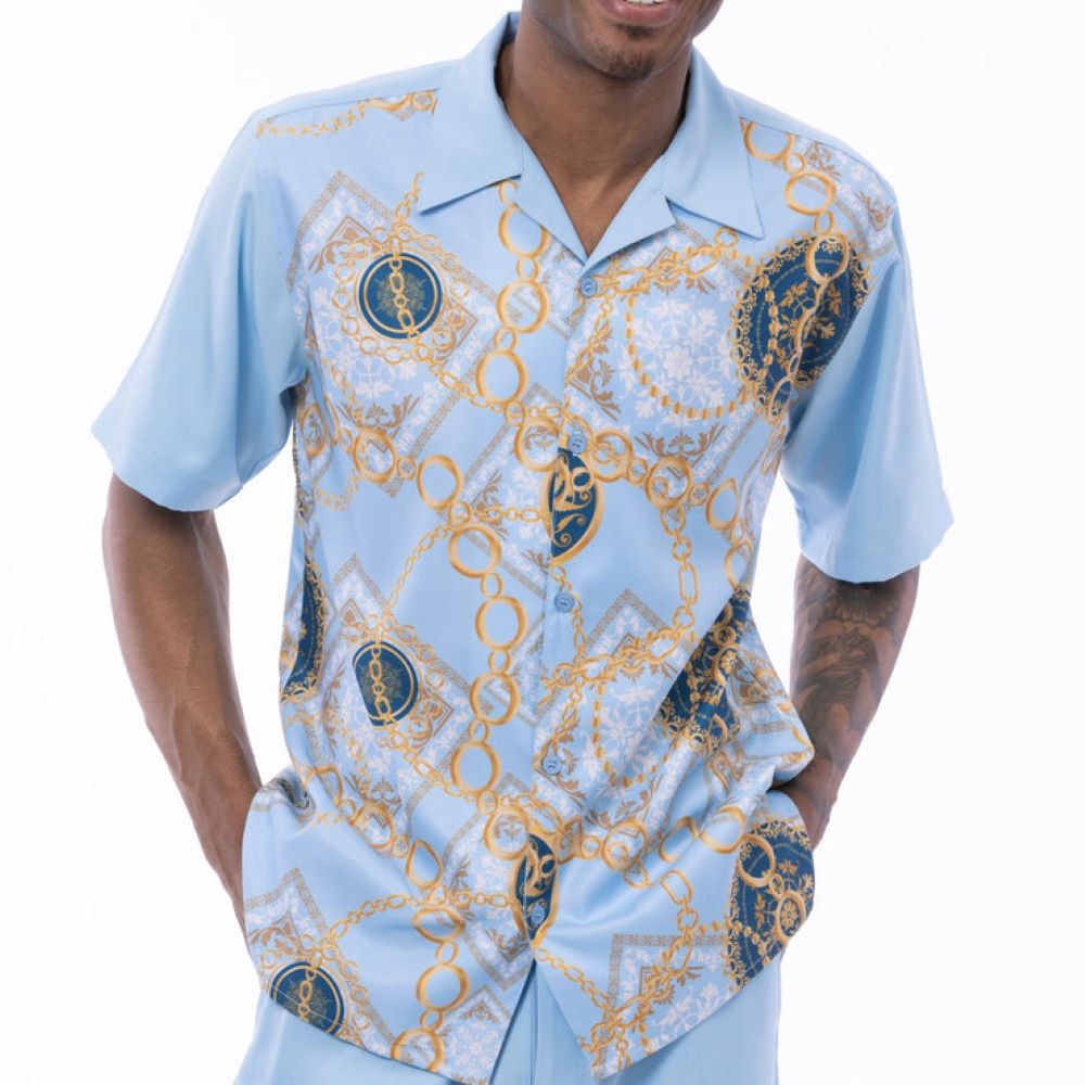 Close-up of the light blue sleeve with a Gold Chain Print Pattern on the Men's Walking Suit, showing cuff buttons.