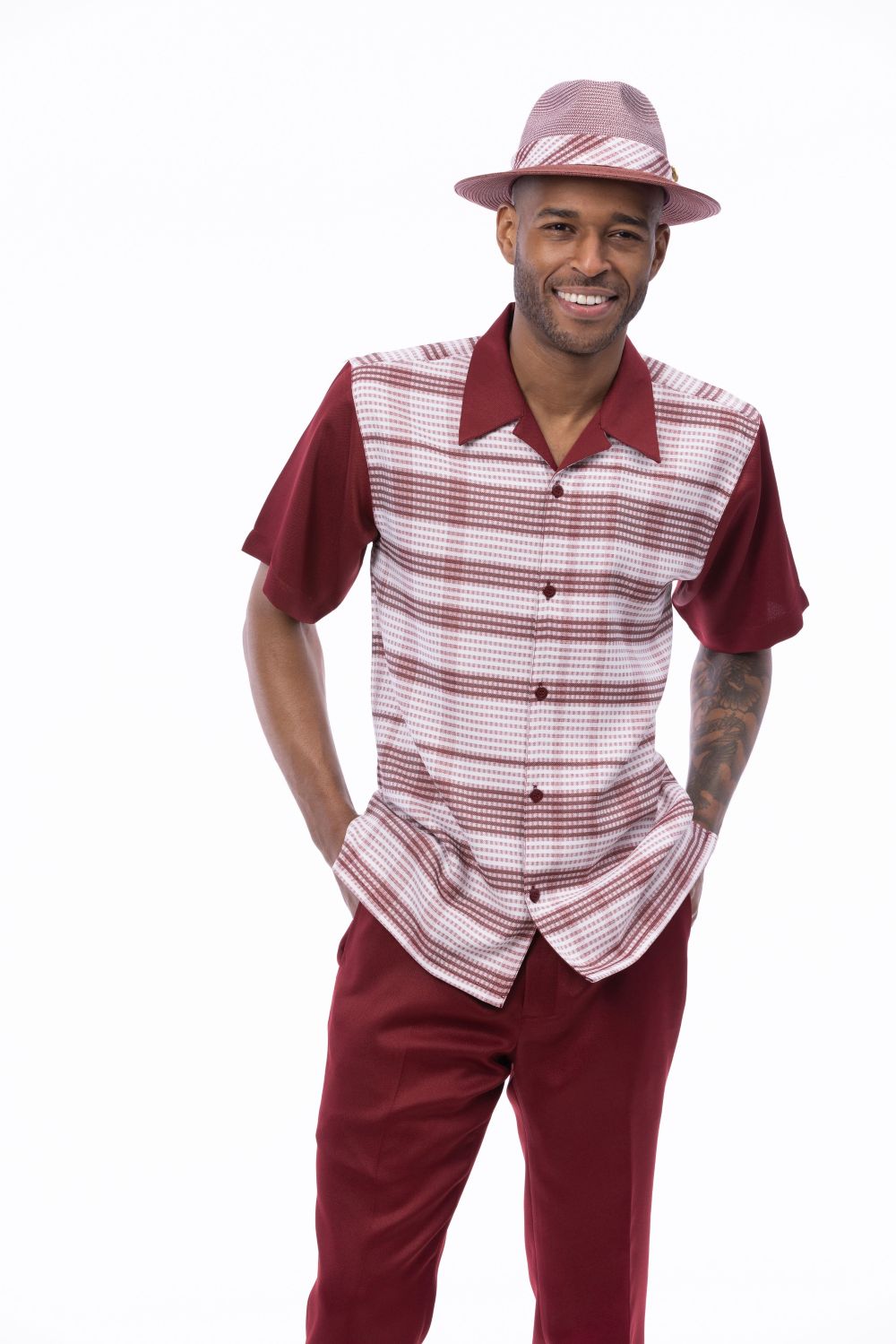 Men’s 2 Piece Burgundy Geometric Checkered Walking Suit