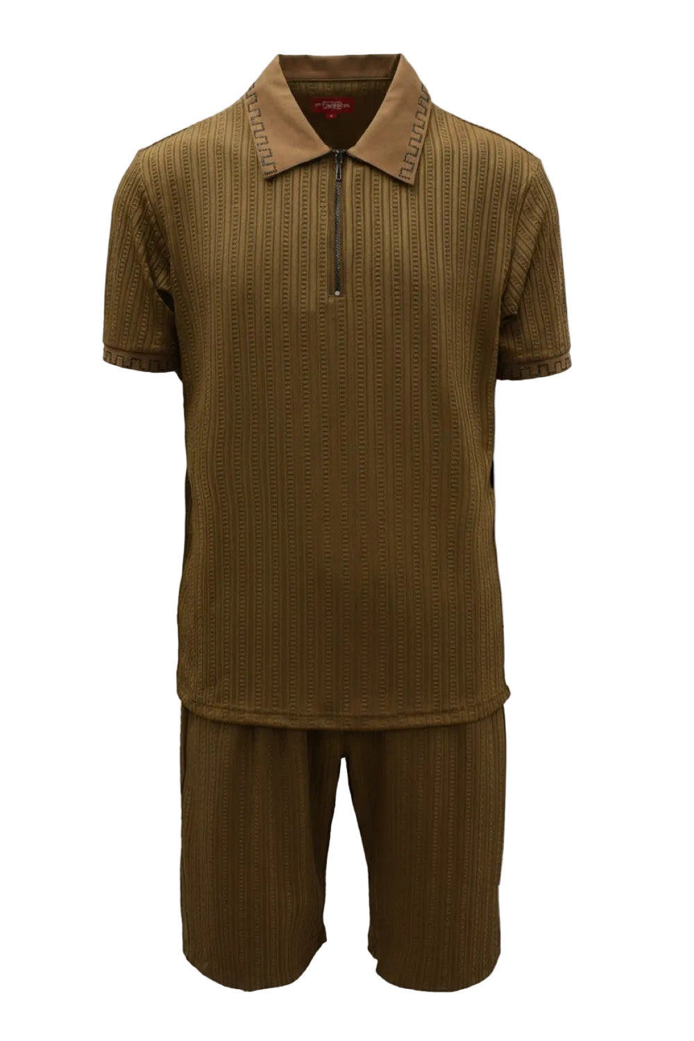 Tan textured shirt and shorts set on a white background