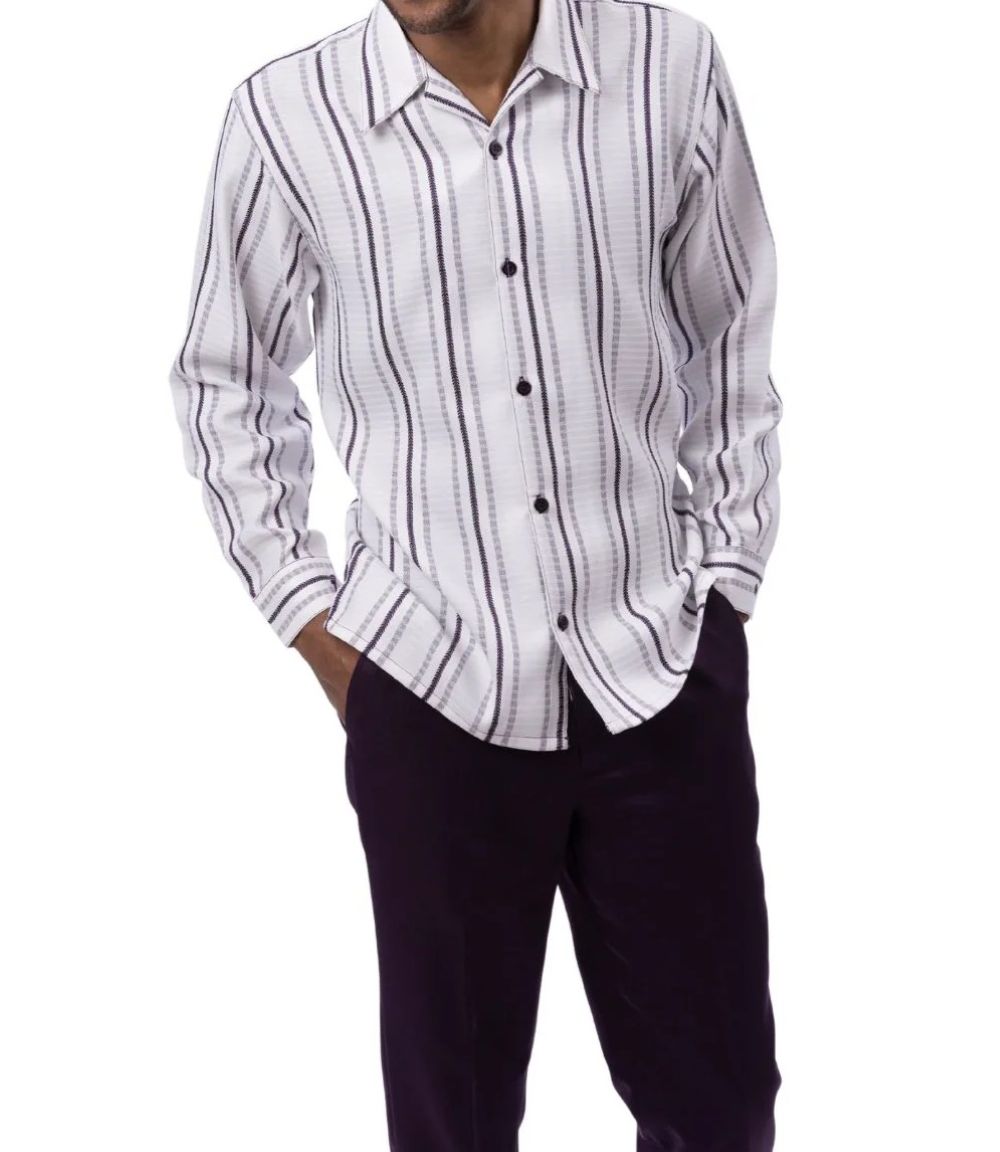 Men’s 2 Piece Grape Vertical Stripe Pattern Long Sleeve Walking Suit