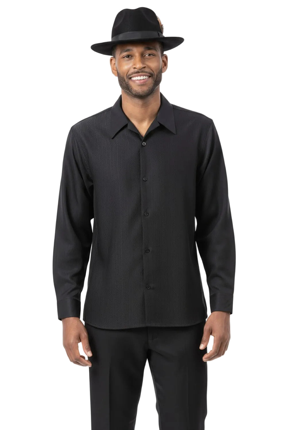 Man wearing a black dress shirt and black pants with a black hat on a white background