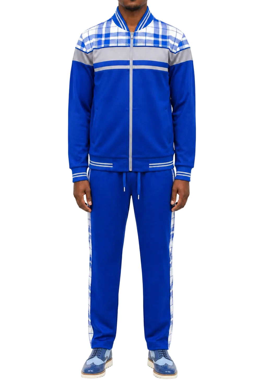 Stacy Adams - Blue 2-Piece Plaid Panel Tracksuit Set