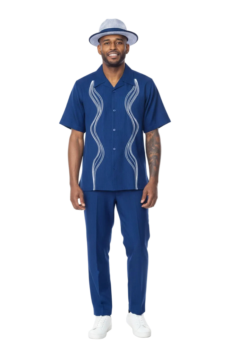 Navy Wave Embroidery Short Sleeve Walking Suit