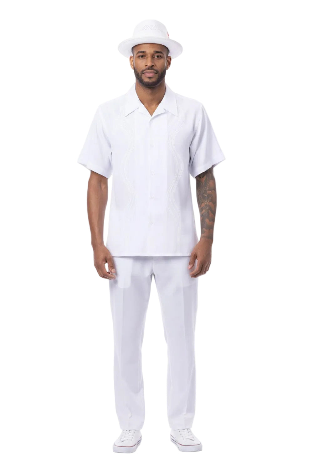 White Wave Embroidery Short Sleeve Walking Suit