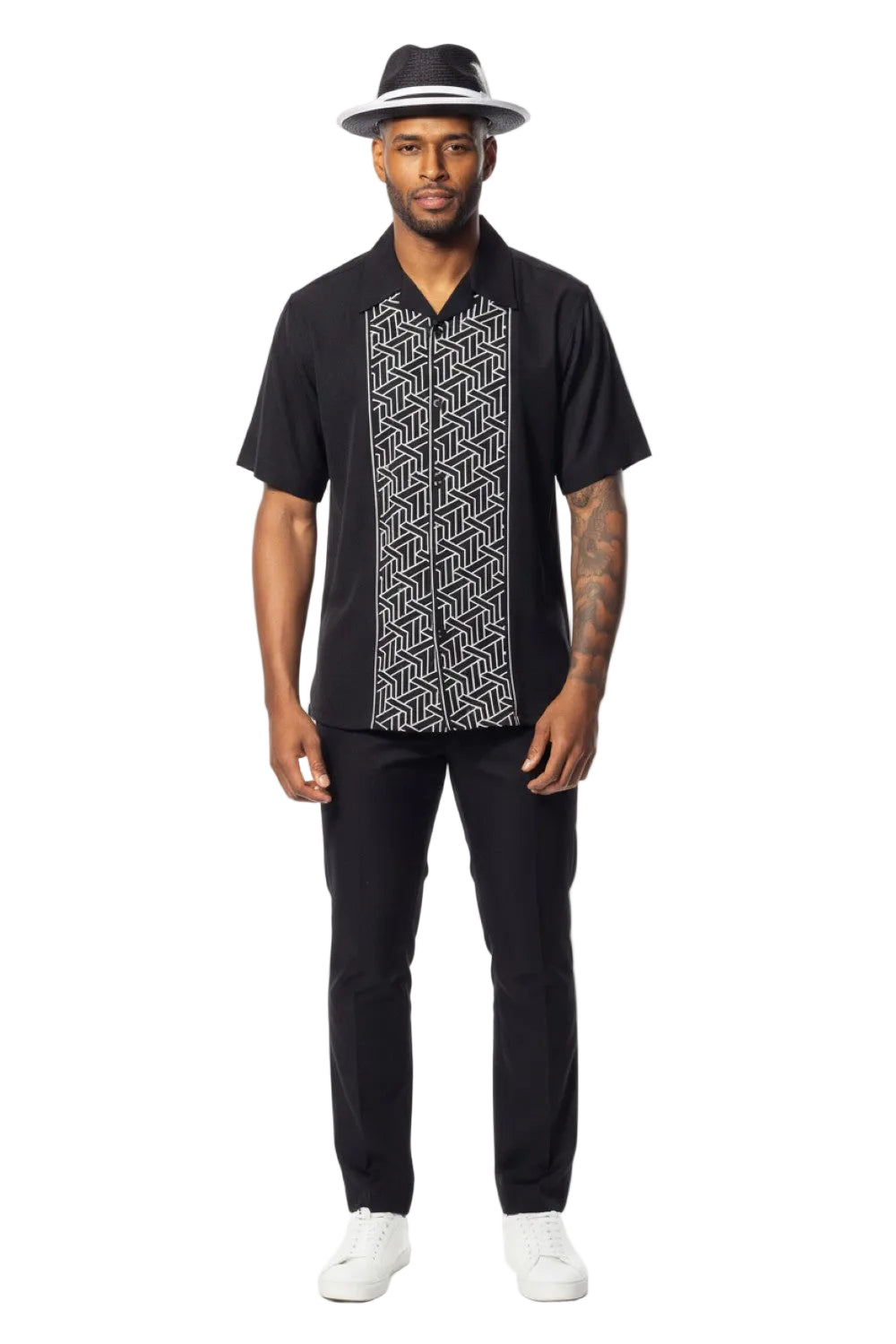 Black Geometric Panel Short Sleeve Walking Suit
