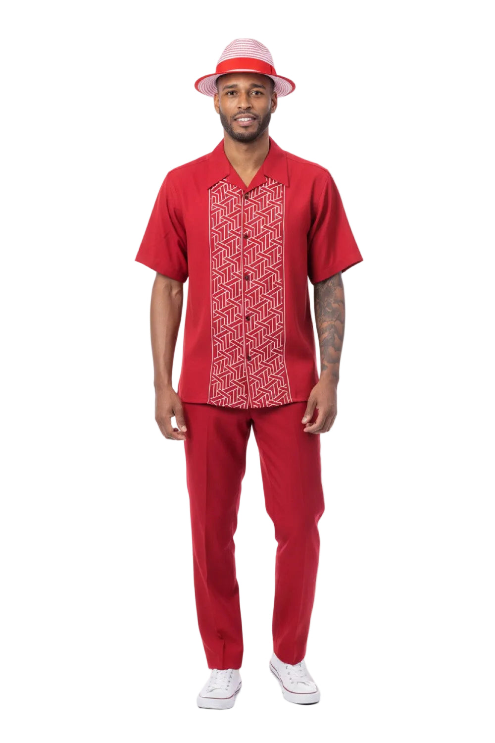 Red Geometric Panel Short Sleeve Walking Suit