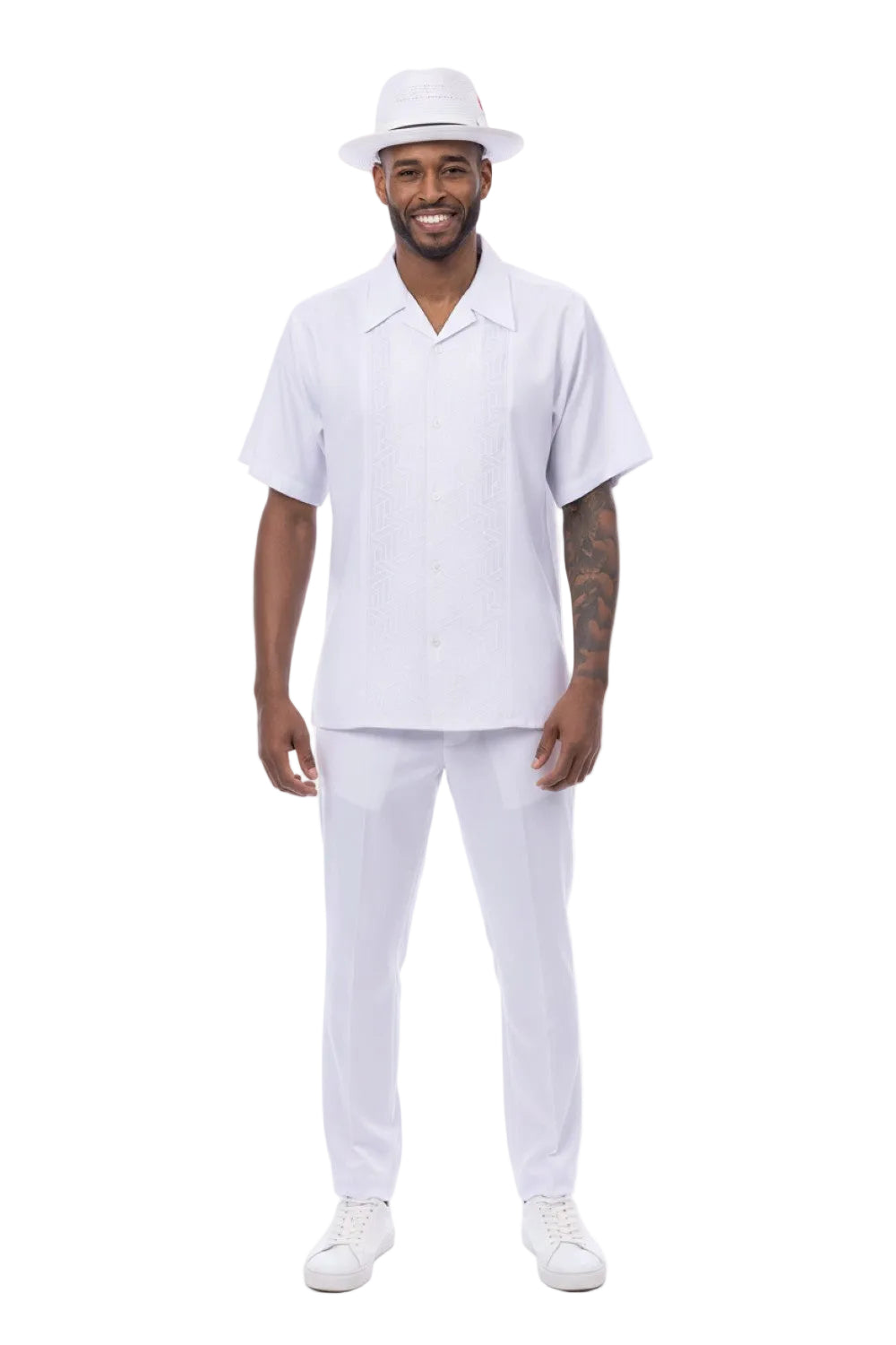 White Geometric Panel Short Sleeve Walking Suit