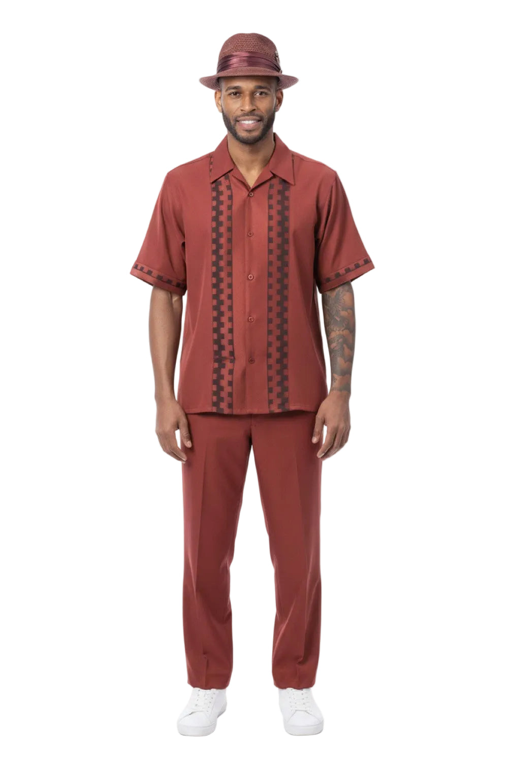 Cognac Tonal Panel Short Sleeve Walking Suit