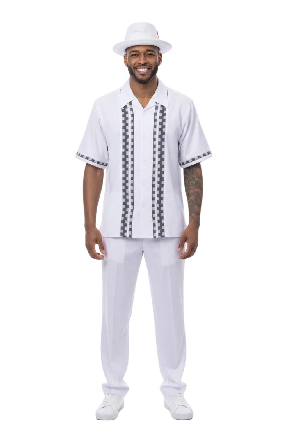 White Tonal Panel Short Sleeve Walking Suit