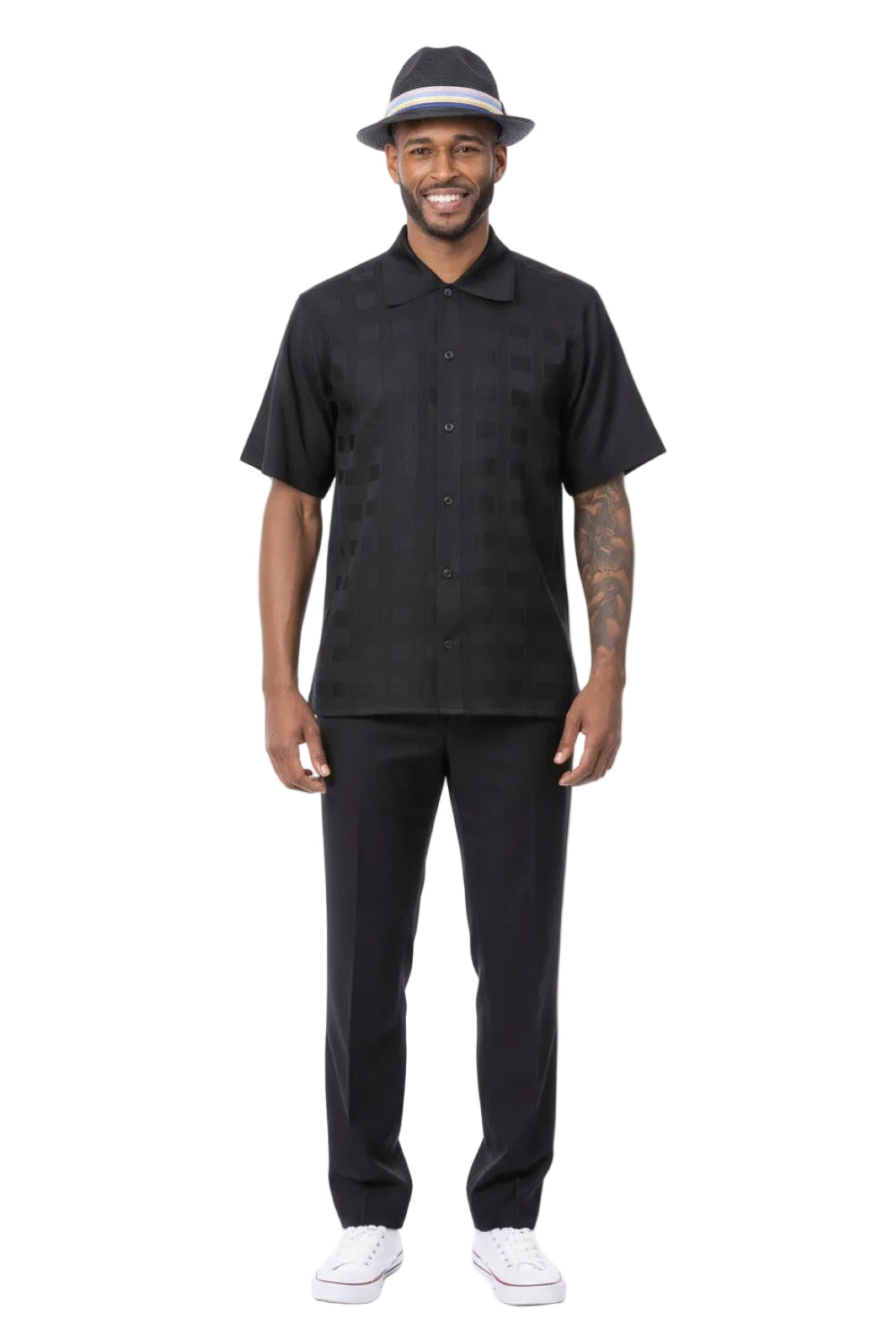 Tone-on-Tone Jacquard Short Sleeve Walking Suit - Black