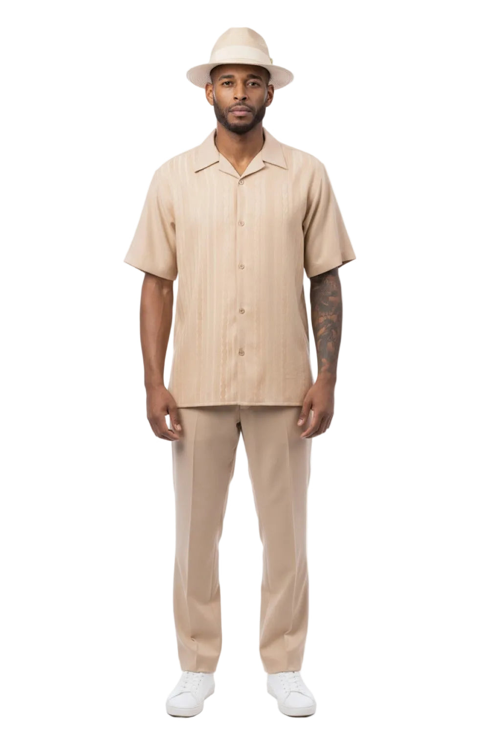 Tonal Jacquard Short Sleeve Walking Suit - Beige