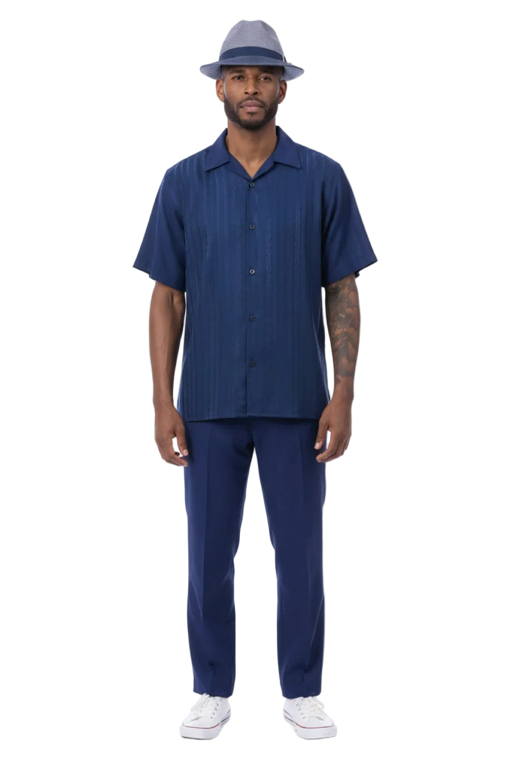 Tonal Jacquard Short Sleeve Walking Suit - Navy