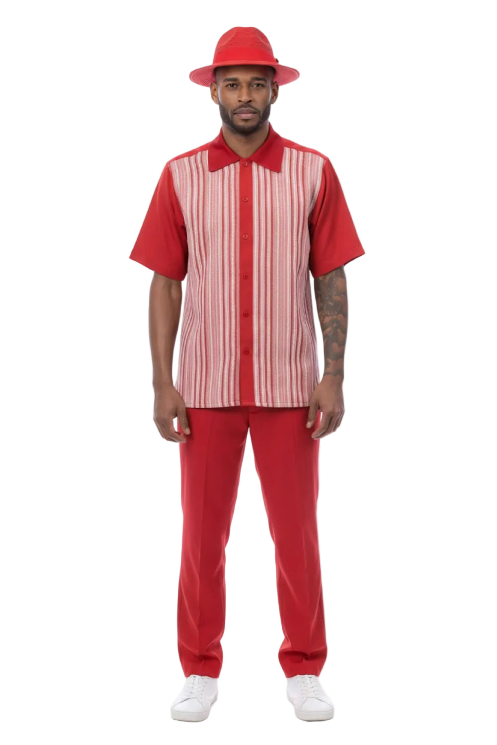 Vertical Stripe Panel Short Sleeve Walking Suit - Red