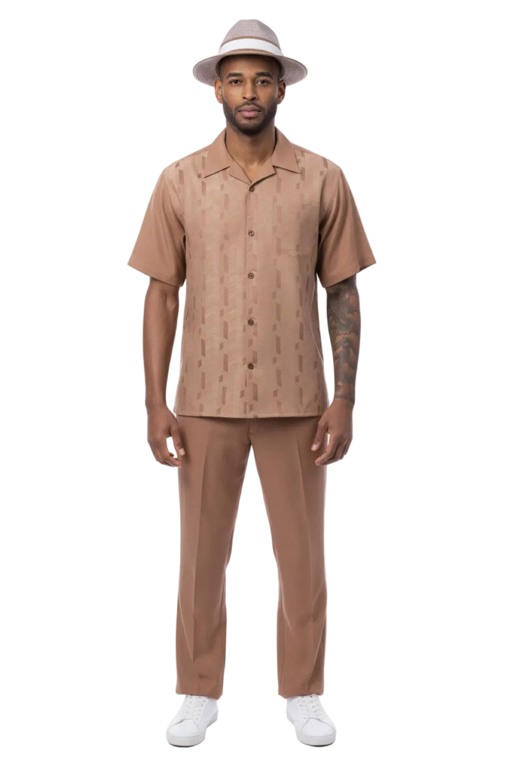 Vertical Stripe Jacquard Short Sleeve Walking Suit - Mocha