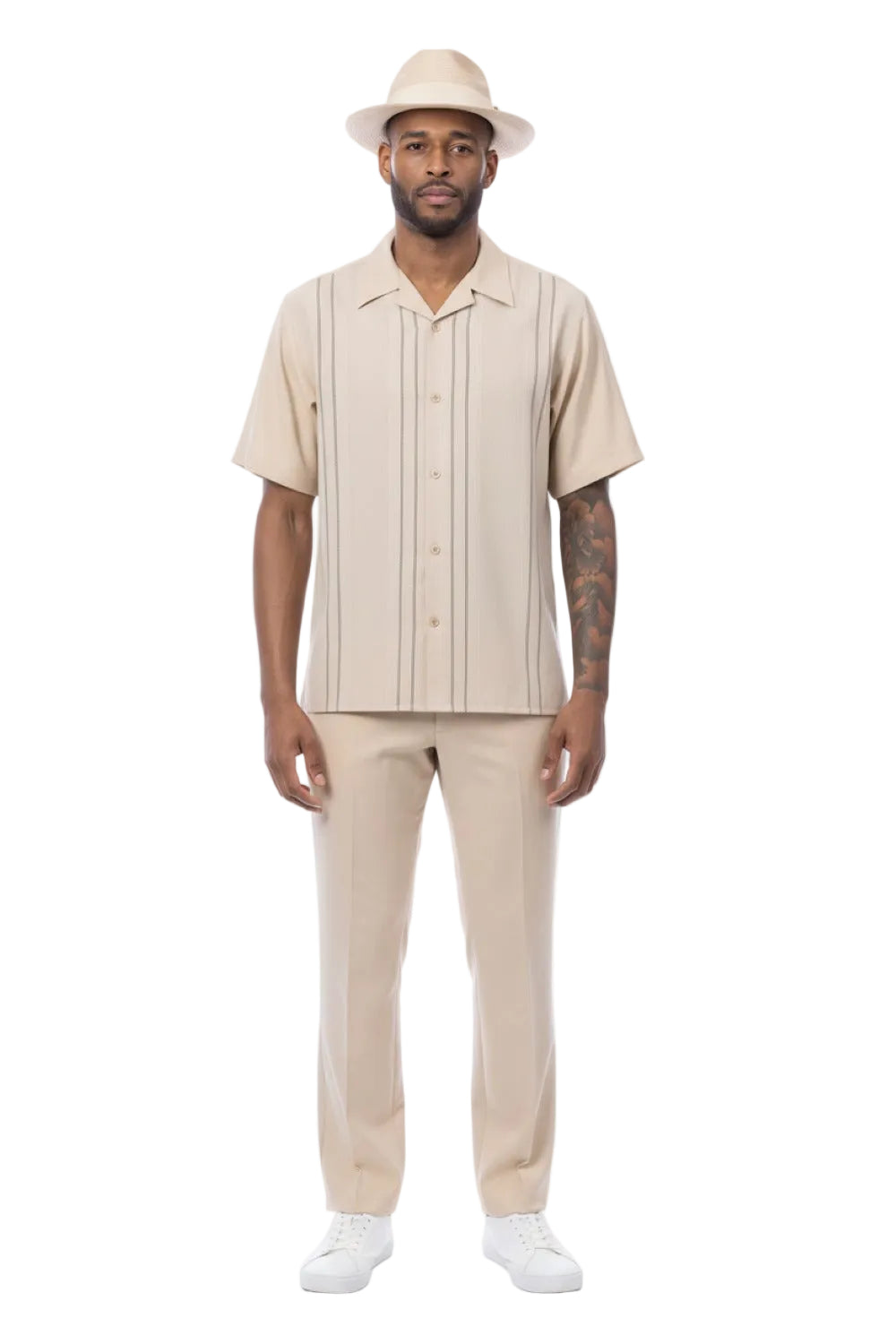 Beige Vertical Stripe Short Sleeve Walking Suit