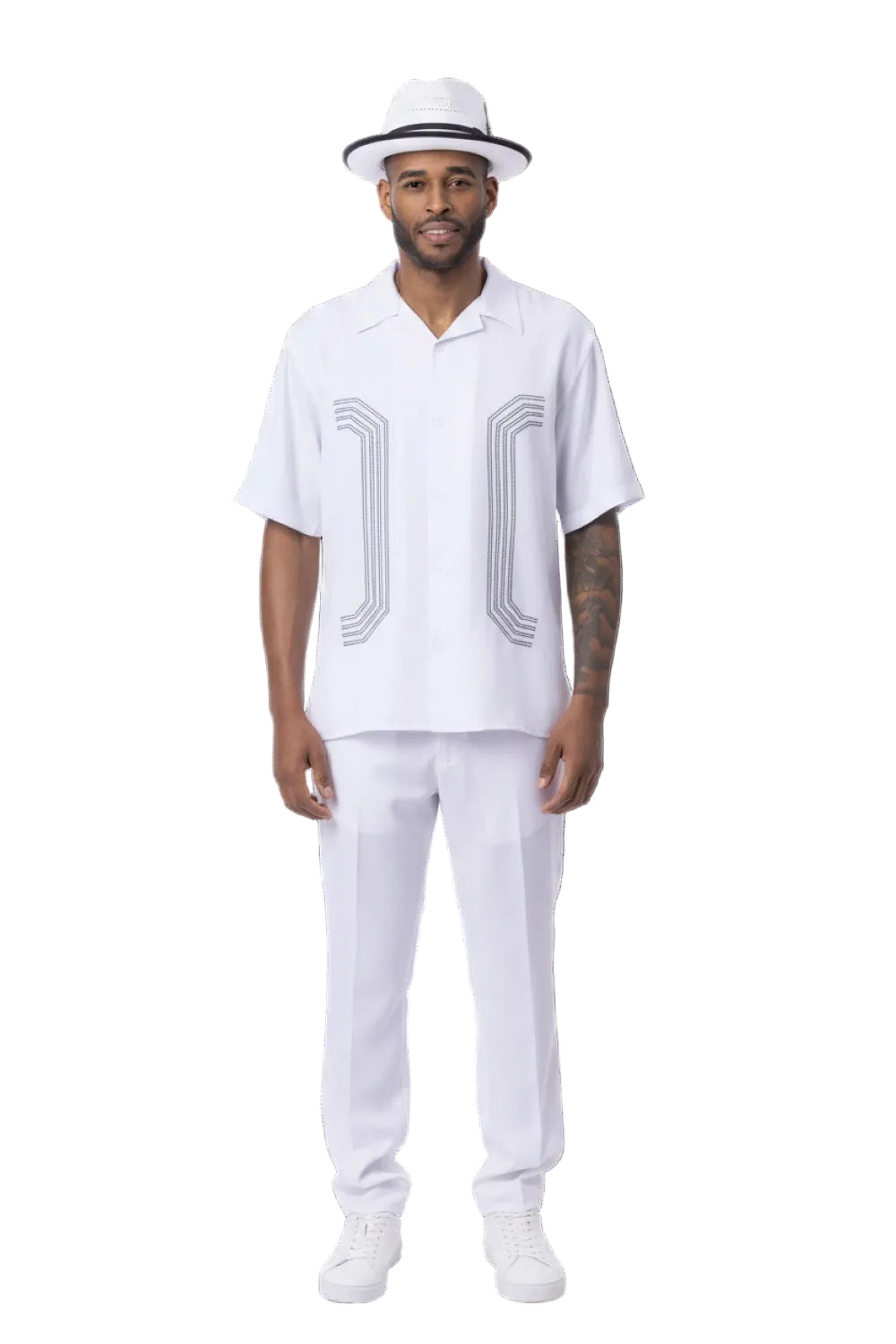 Curved Geometric Short Sleeve Walking Suit - White