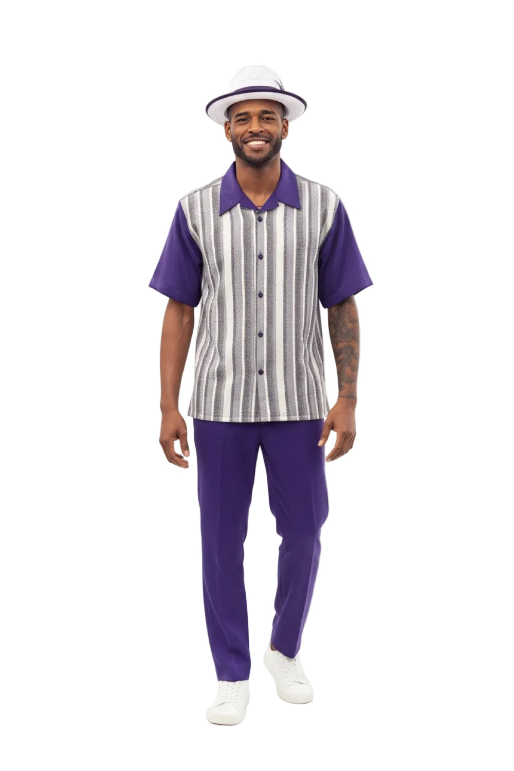 Multi-Tone Vertical Stripe Short Sleeve Walking Suit - Purple