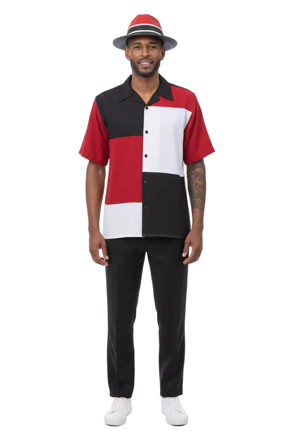 Solid Color Block Short Sleeve Walking Suit - Black