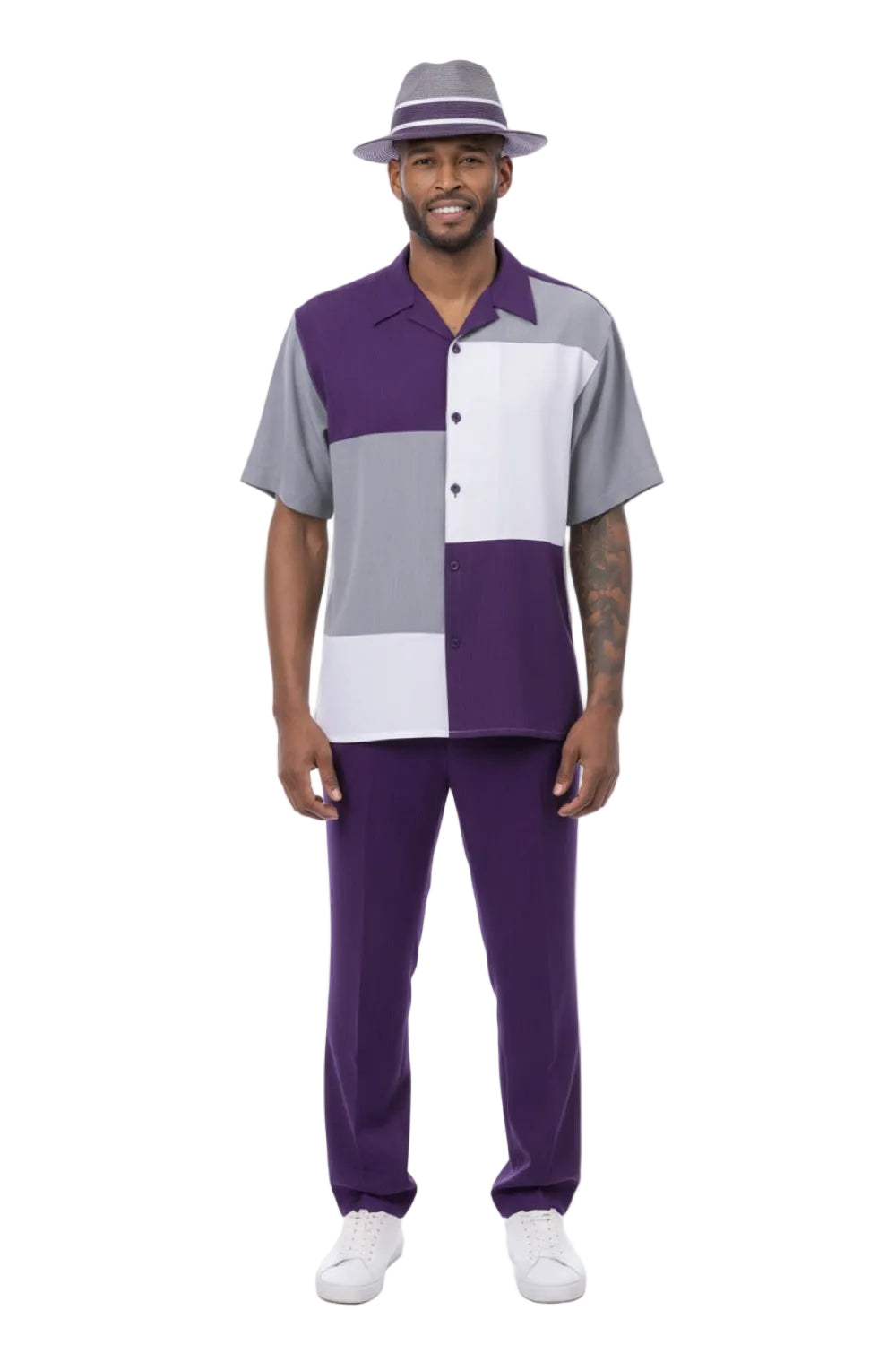 Solid Color Block Short Sleeve Walking Suit - Purple