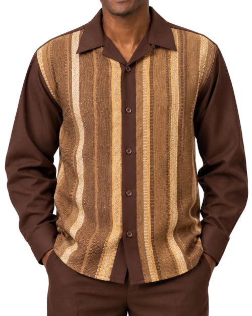 A man wearing a brown long-sleeve button-up shirt with a vertically striped pattern on the front panel in shades of brown, tan, and beige, paired with matching brown pants.