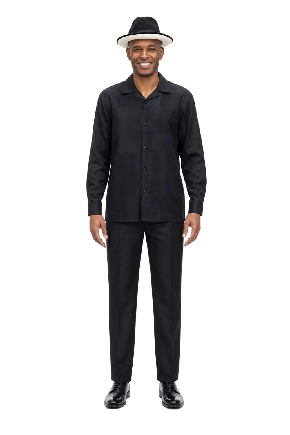 Men’s Tonal Tonal Patchwork Long Sleeve Walking Suit Set – Black