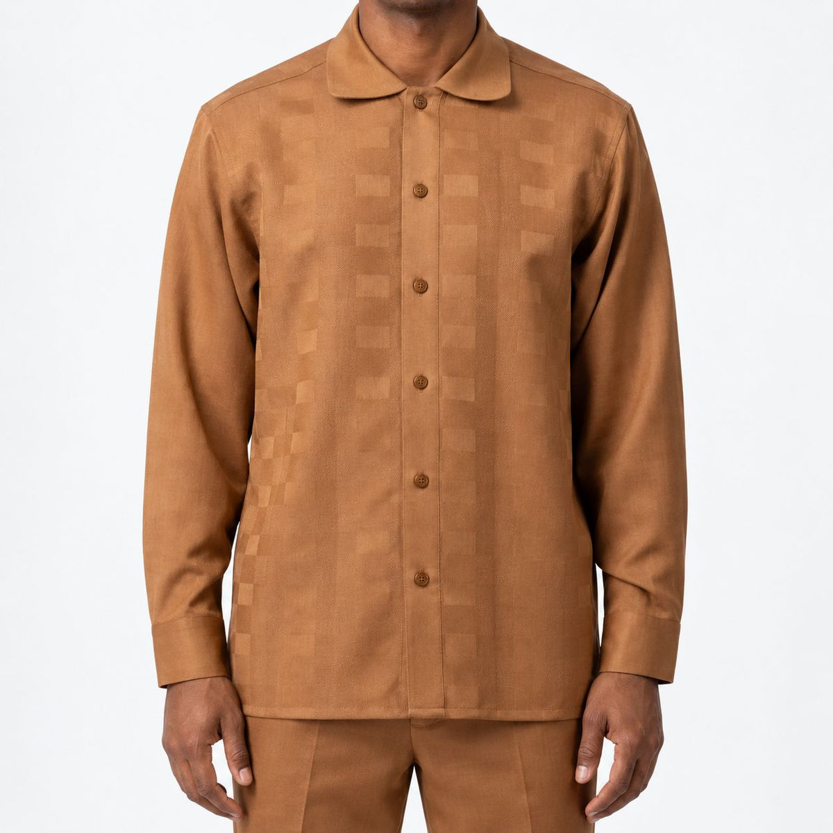 Men’s Tonal Checkered Long Sleeve Walking Suit Set – Camel