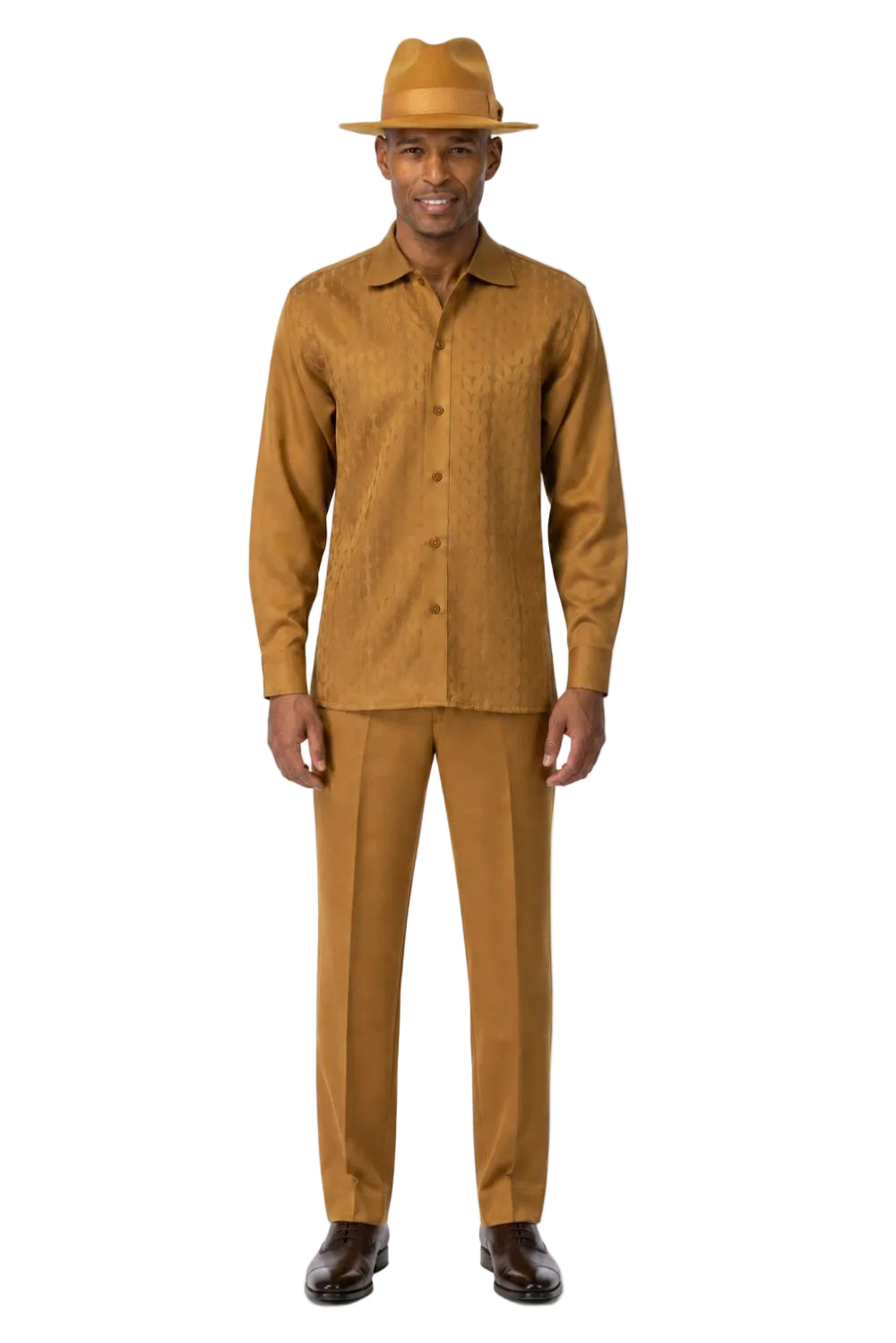 Men’s Geometric Jacquard Long Sleeve Walking Suit Set – Mustard