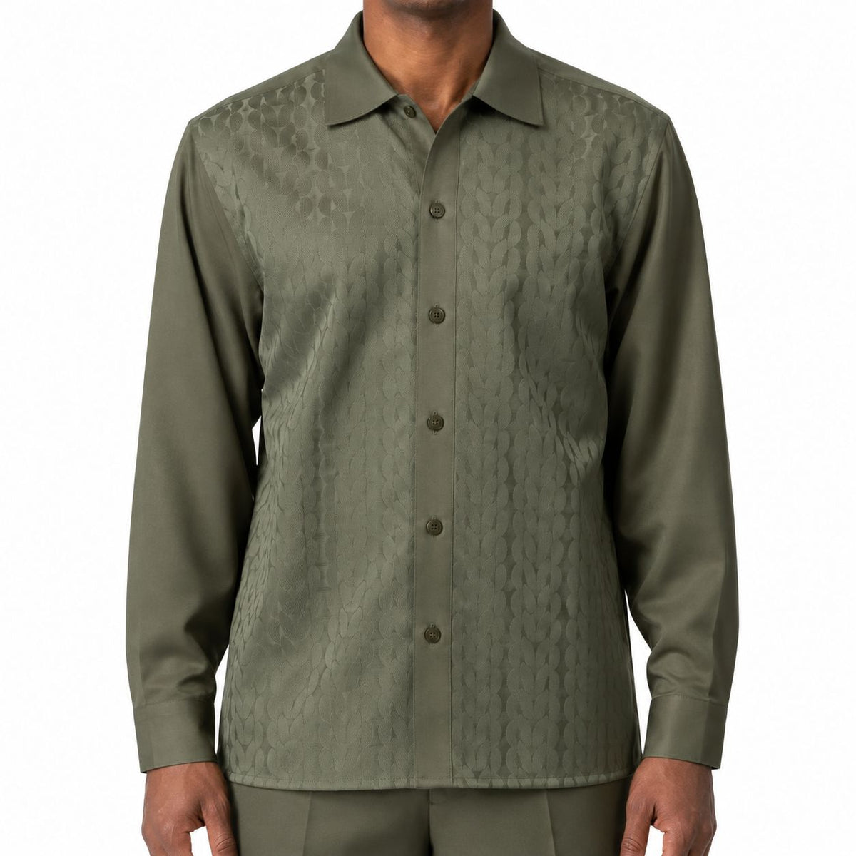 Men’s Geometric Jacquard Long Sleeve Walking Suit Set – Olive