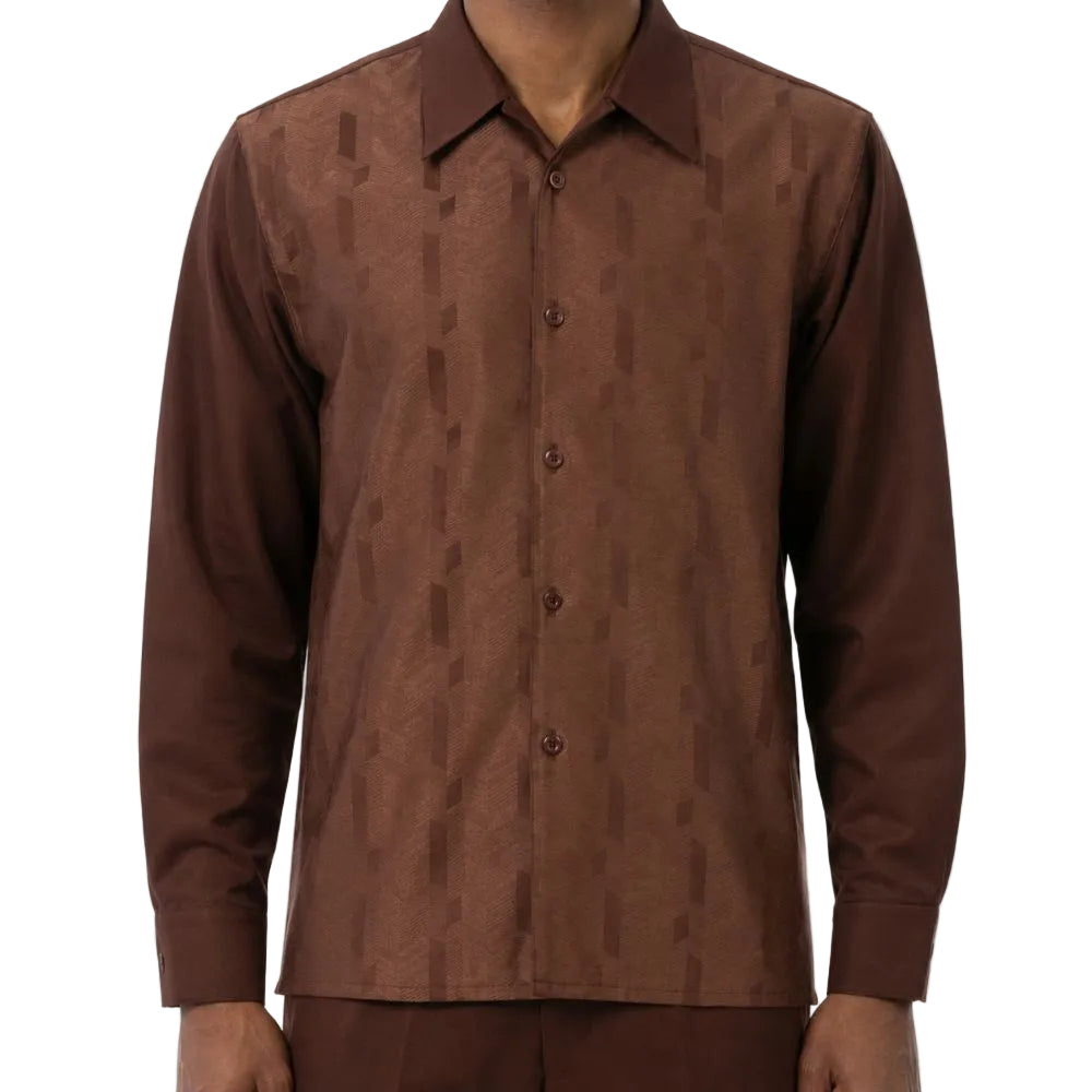 A man wearing a brown long-sleeve button-up shirt with a subtle geometric pattern, shown from the neck down against a plain white background.