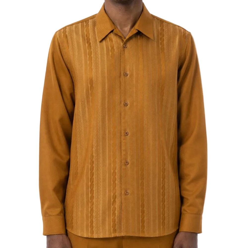 A man wearing a mustard yellow long-sleeve button-up shirt with vertical textured stripes, shown from the neck down against a plain white background.