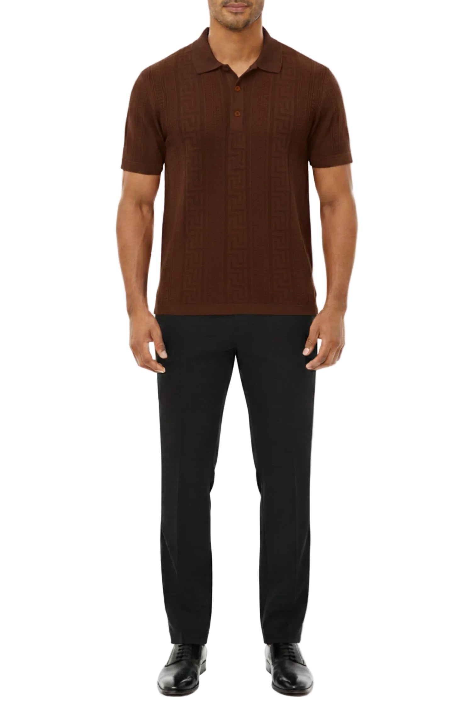 Man wearing a brown textured polo shirt and black pants on a white background