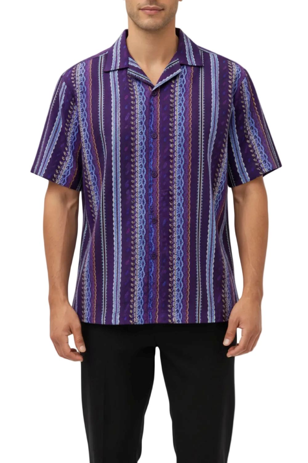 Men's Purple Embroidered Short Sleeve Shirt