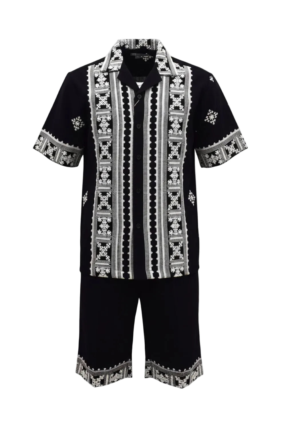Black outfit with white embroidery on a white background