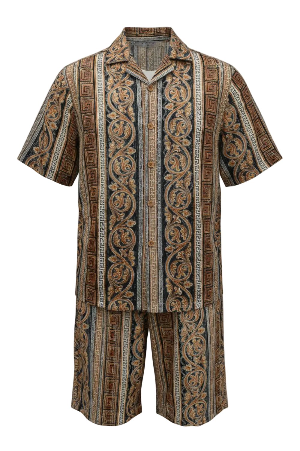 Decorative shirt and pants set with intricate patterns on a white background