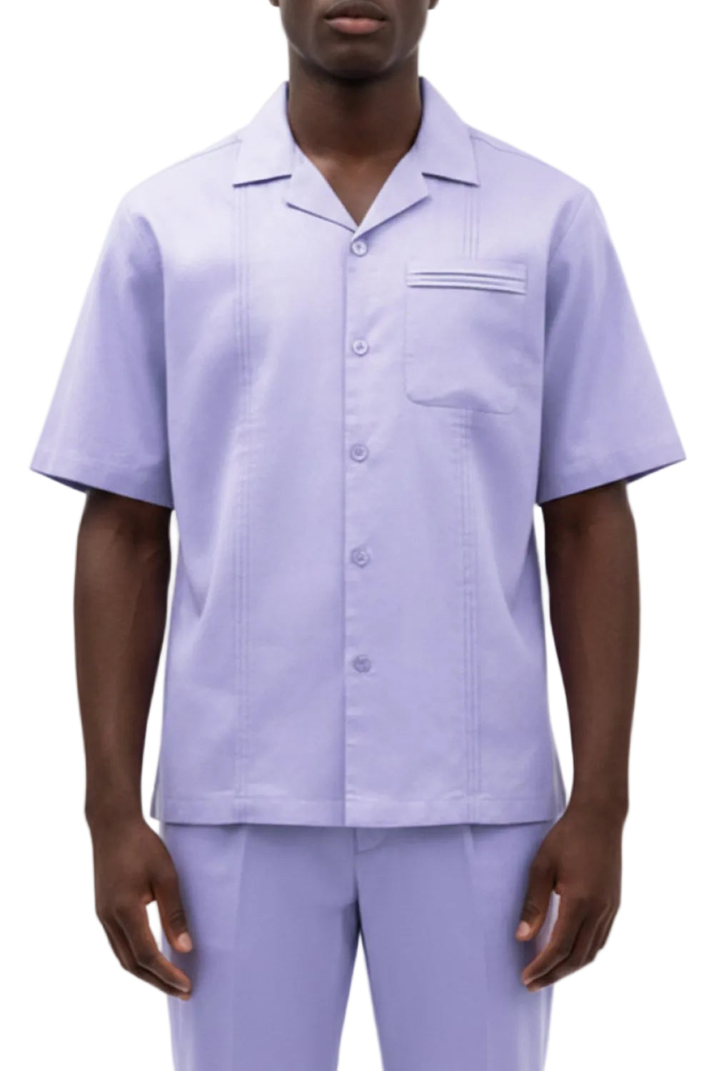 Person wearing a light purple uniform with a white background