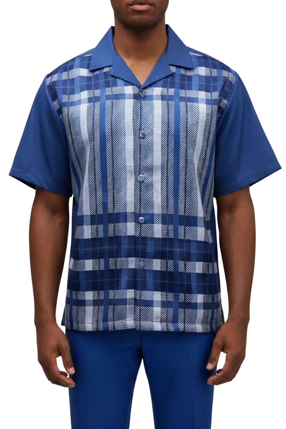 Man wearing a blue and white checkered shirt with a white background