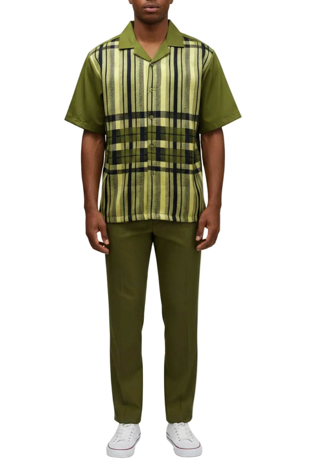Stacy Adams - Olive Color-Block Plaid Panel Walking Suit Set