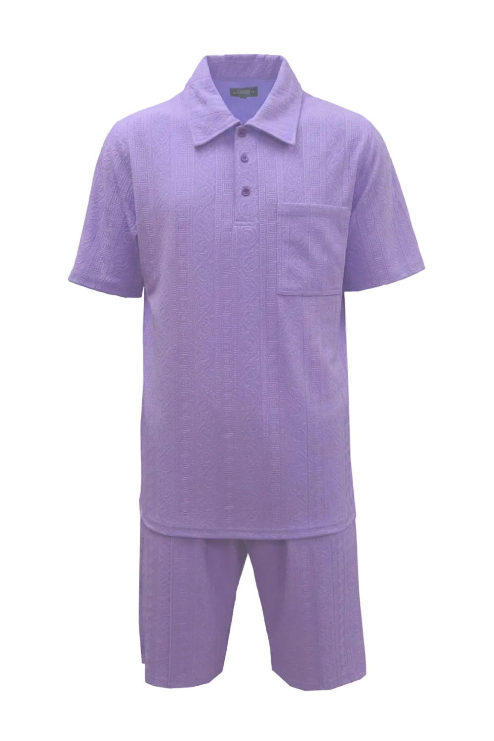 Purple polo shirt and shorts set on a white background