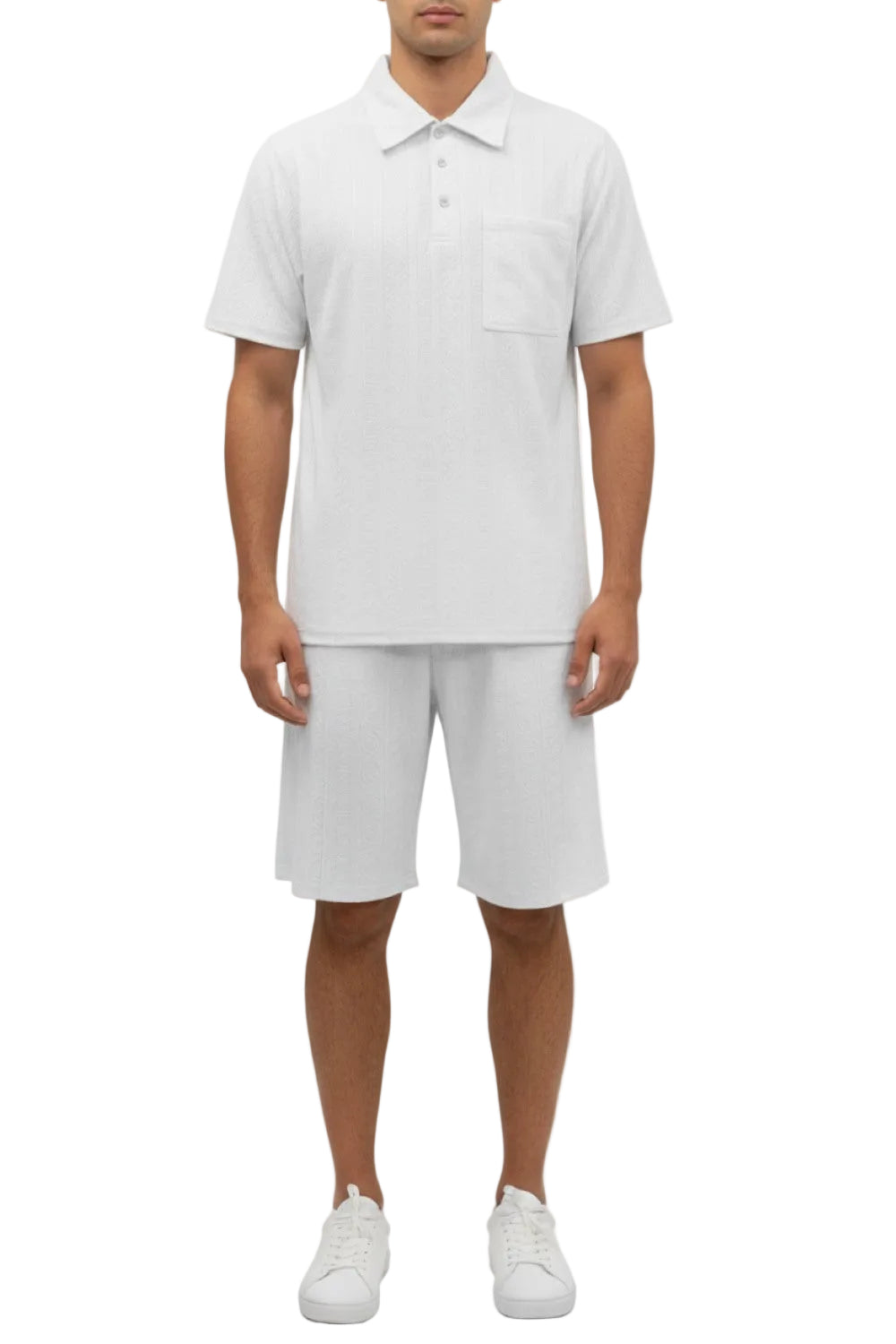 Stacy Adams - White Geometric Jacquard Pattern Polo Short Set