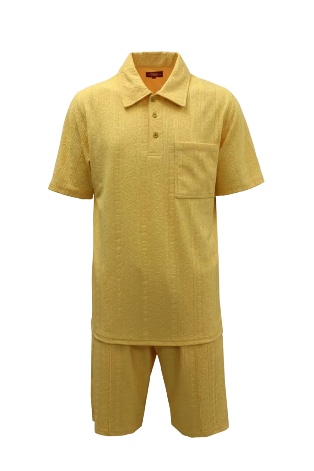 Yellow polo shirt and shorts set on a white background