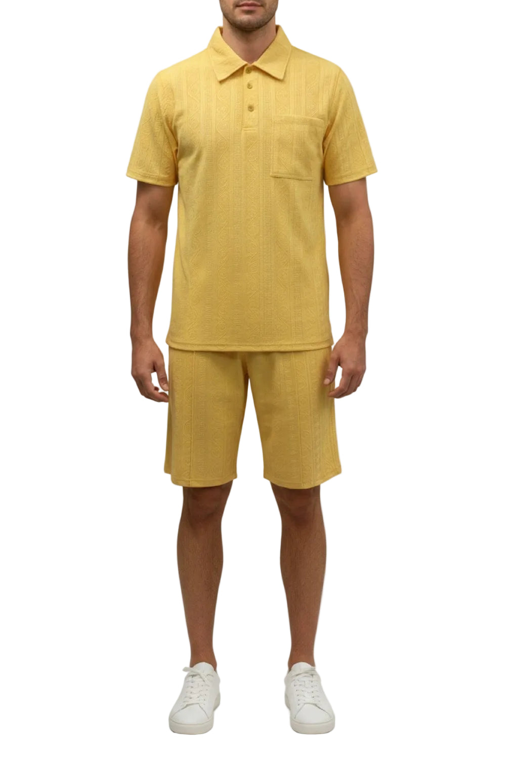 Stacy Adams - Yellow Geometric Jacquard Pattern Polo Short Set