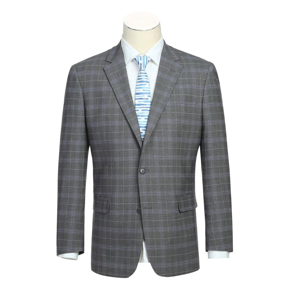 Premium men's classic gray check suit, tailored 2-piece for sophisticated professionals.