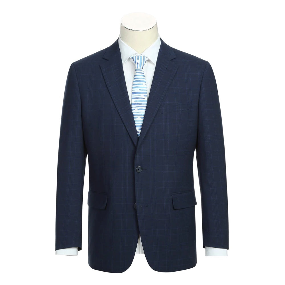 Renoir Lozano men's luxury regular fit blue check suit jacket and tie. A detail shot showcasing premium craftsmanship.