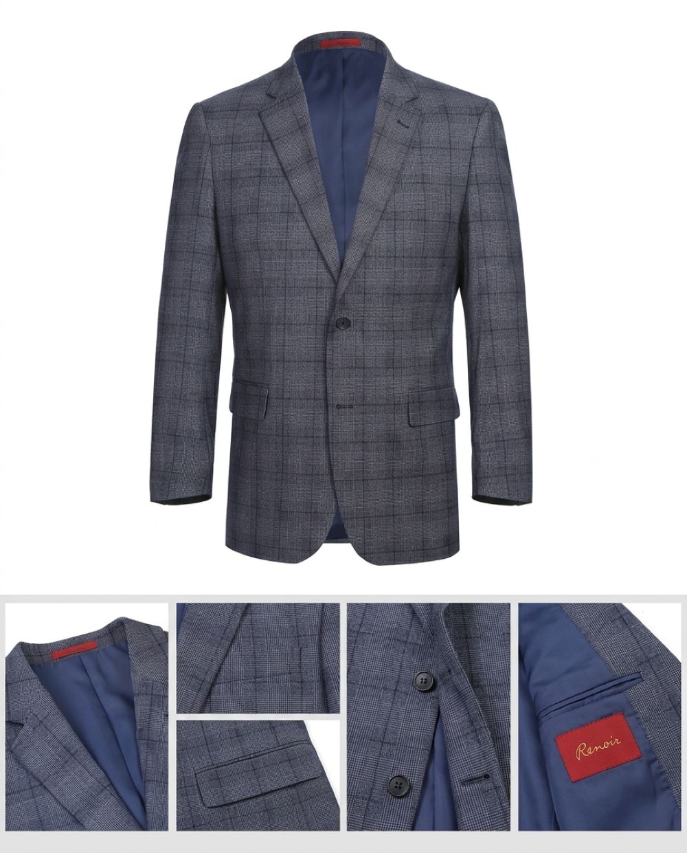 A gray single-breasted suit jacket with a subtle windowpane check pattern, shown alongside three detail inset images at the bottom.