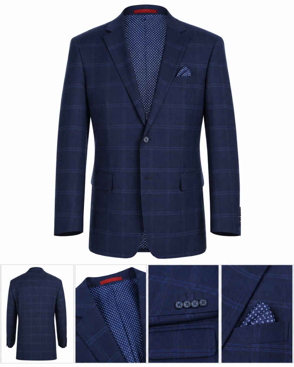 Detalles de la chaqueta de traje azul de dos piezas para hombre, corte regular y diseño de cuadros ventana
