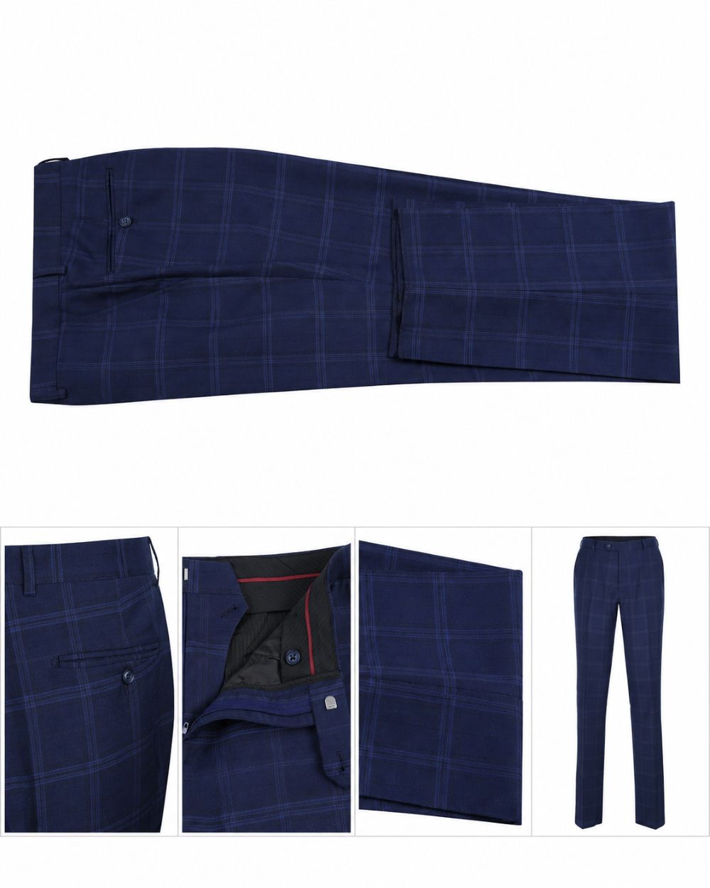 A navy blue windowpane plaid blazer shown from the front, with inset detail views at the bottom showing the back, interior lining, buttons, and pocket square.
