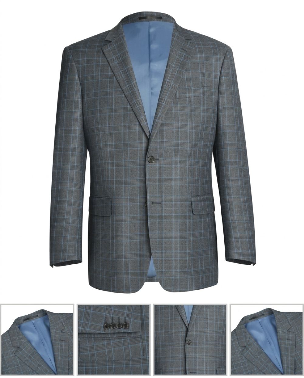 A gray and blue windowpane plaid blazer jacket with a light blue lining, shown on a white background with three detail inset images at the bottom.