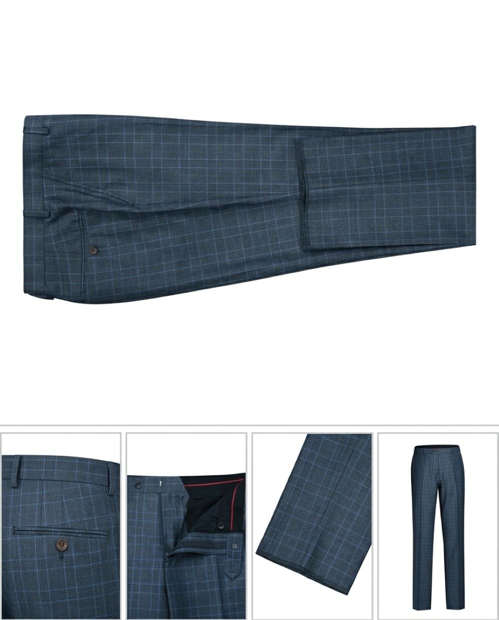 A pair of navy blue plaid trousers shown in a multi-view layout, featuring a main front view and four detail insets highlighting the pocket, button, interior lining, fabric texture, and full-length side view.