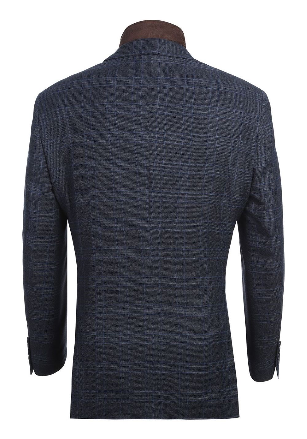 Renoir men's luxurious navy regular fit 2-button plaid blazer with bib. Refined style for the discerning gentleman.